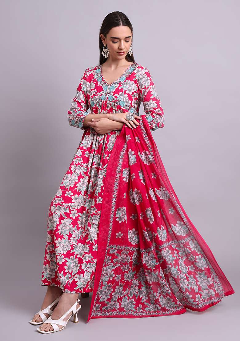 Red Embroidered Cotton Anarkali With Dupatta With Dupatta - Indya