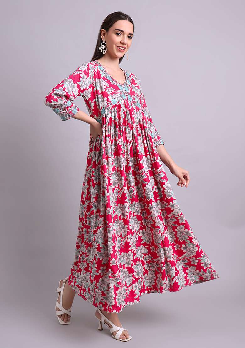 Red Embroidered Cotton Anarkali With Dupatta With Dupatta - Indya