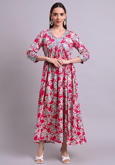 Red Embroidered Cotton Anarkali Set With Dupatta