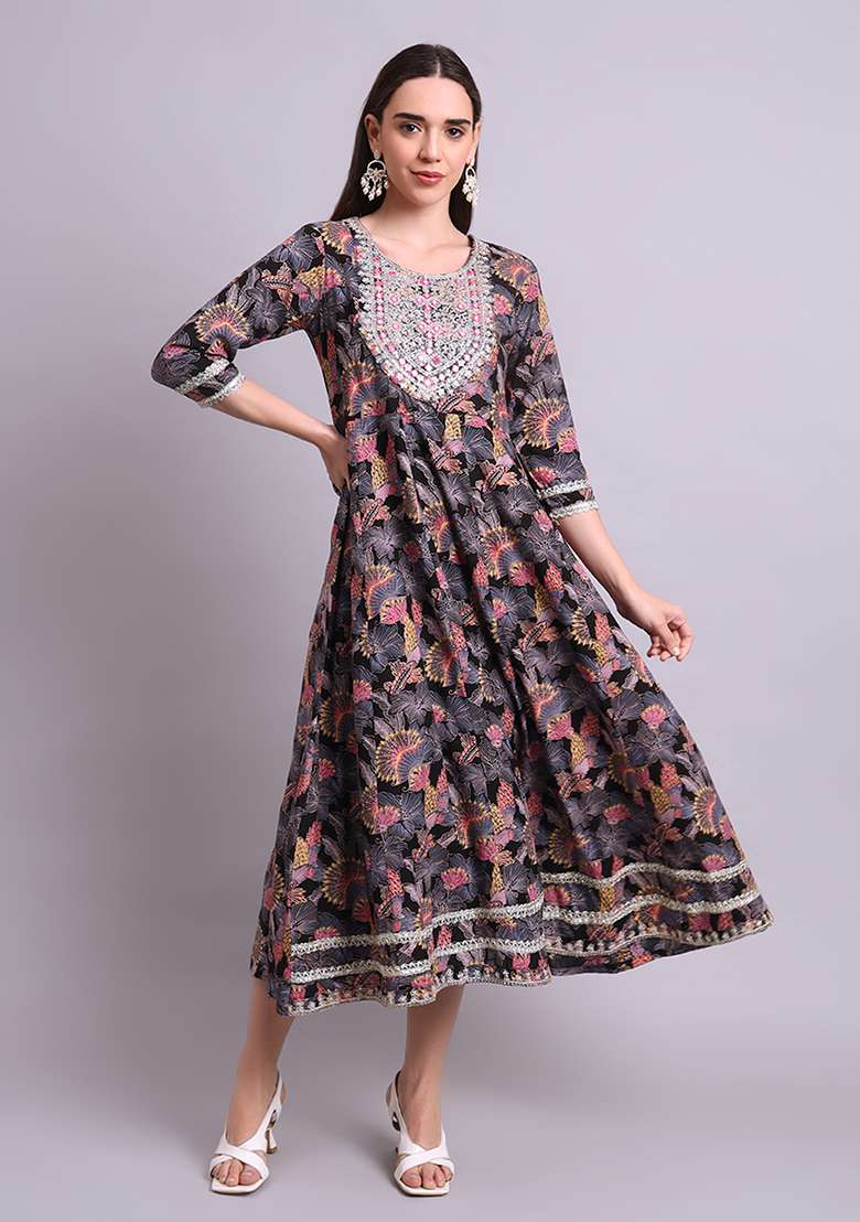 Black Embroidered Cotton Anarkali With Dupatta With Dupatta - Indya