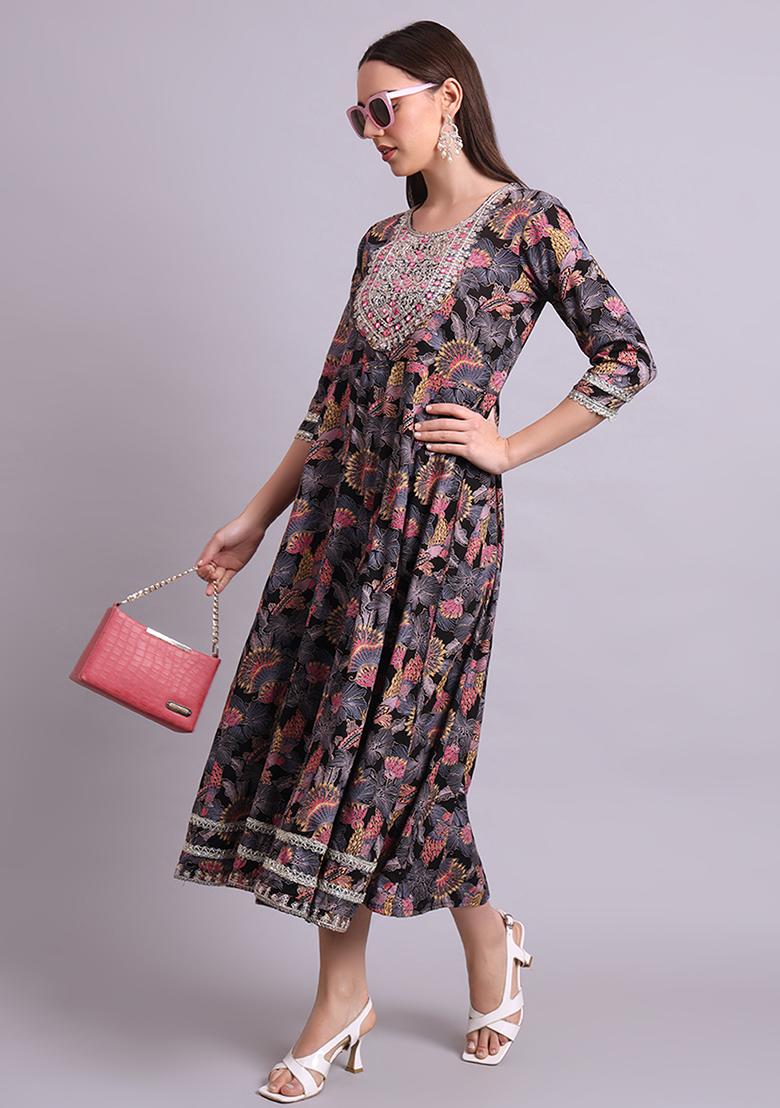 Black Embroidered Cotton Anarkali Set With Dupatta