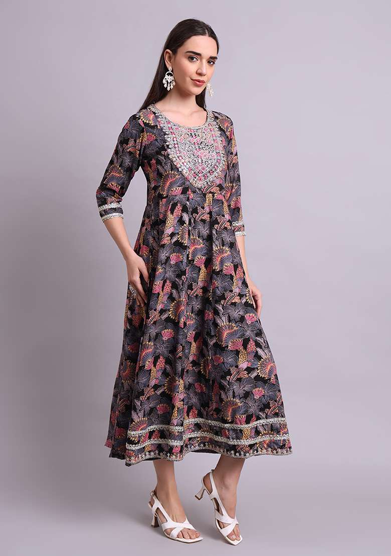 Black Embroidered Cotton Anarkali With Dupatta With Dupatta - Indya