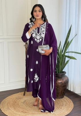 Violate Cotton Embroidered Salwar Kameez With Dupptta