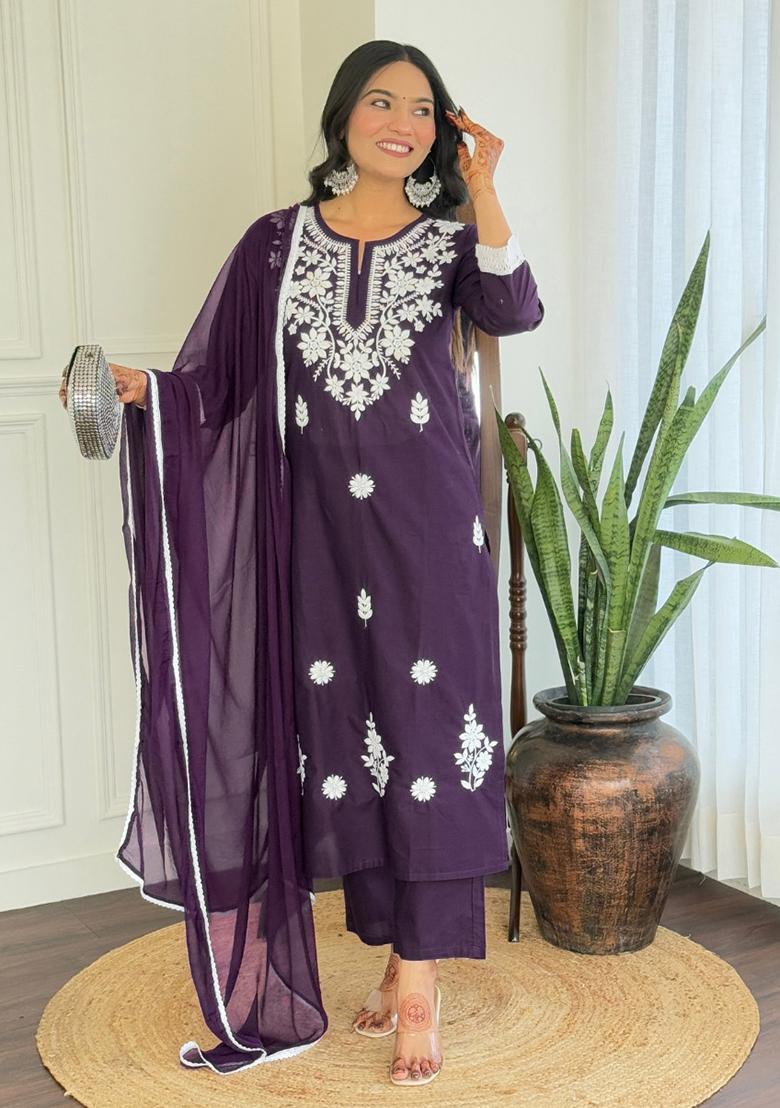 Violate Cotton Embroidered Salwar Kameez With Dupptta