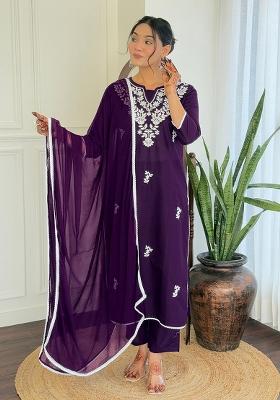 Violate Cotton Embroidered Salwar Kameez With Dupptta
