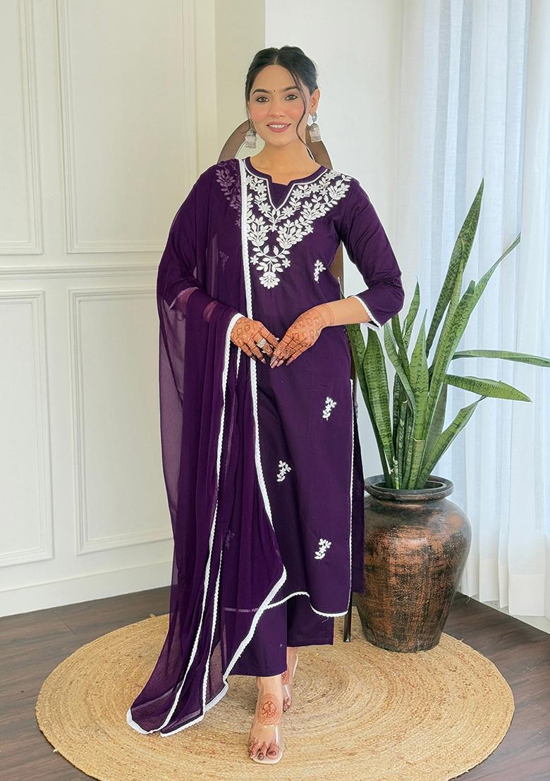 Violate Cotton Embroidered Salwar Kameez With Dupptta