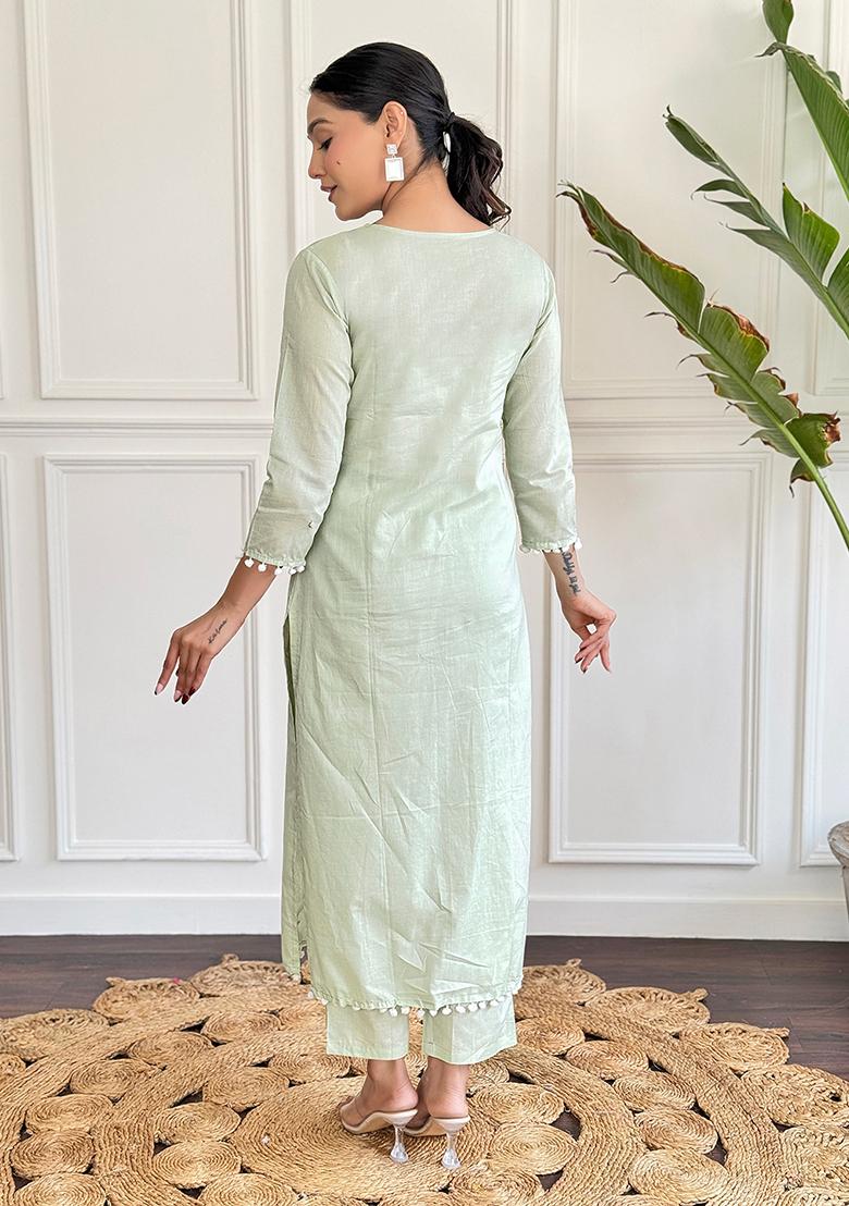 Pista Cotton Embroidered Salwar Kameez With Dupptta