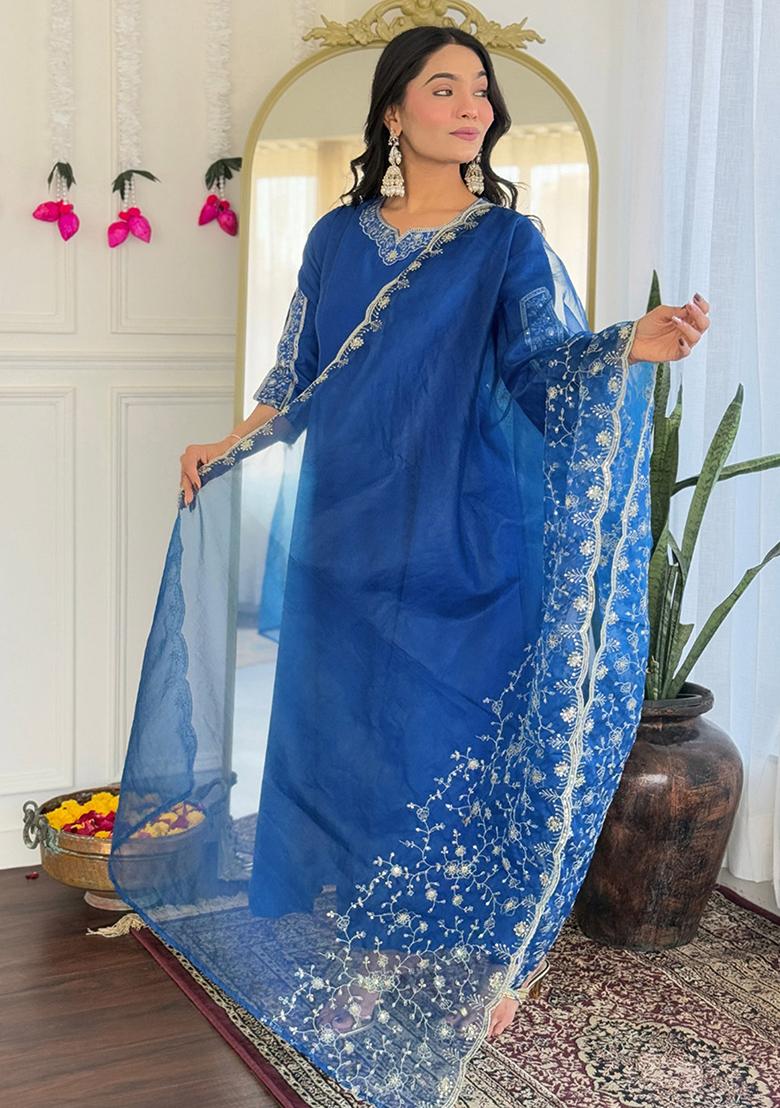 Blue Viscose Embroidered Salwar Kameez With Dupptta