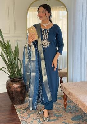 Petrol Rayon Embroidered Salwar Kameez With Dupptta