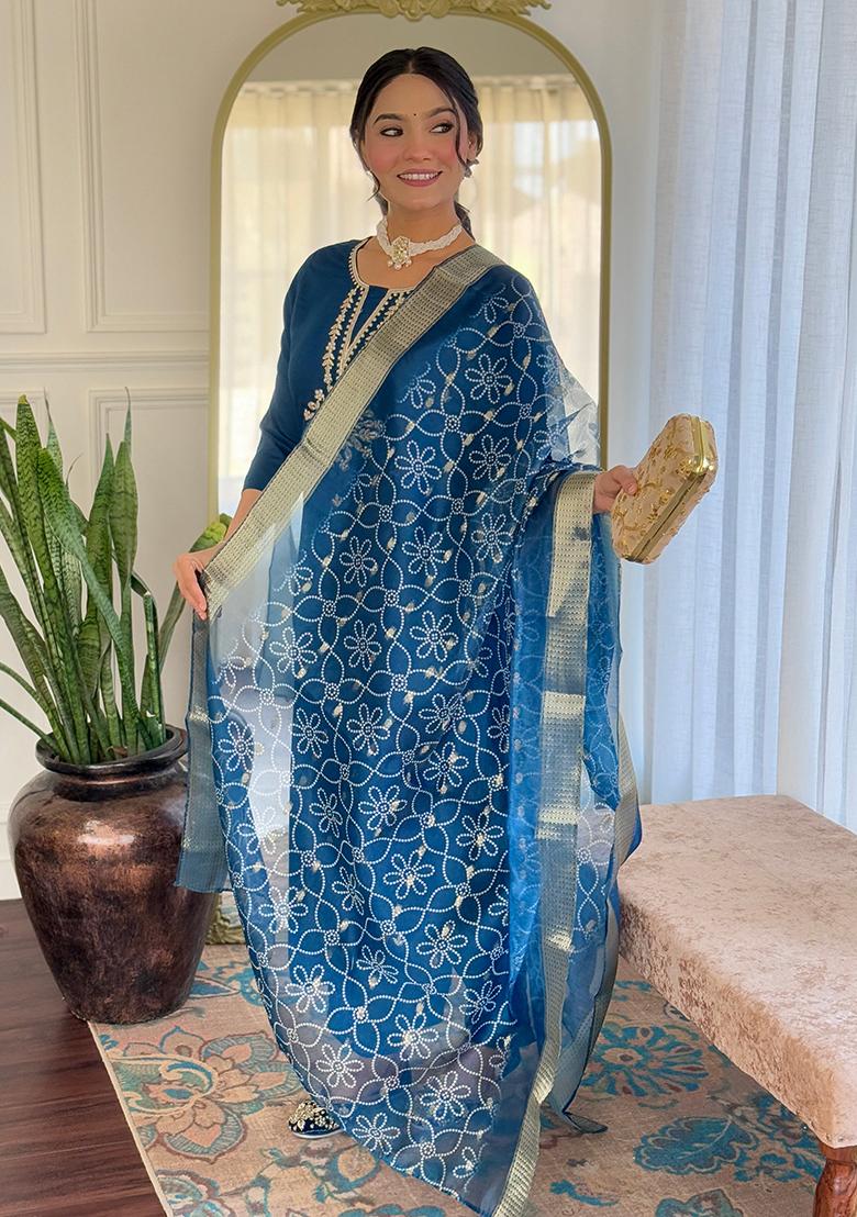 Petrol Rayon Embroidered Salwar Kameez With Dupptta