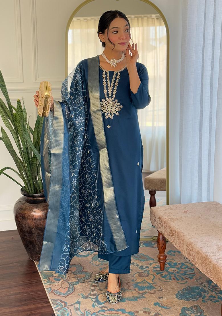 Petrol Rayon Embroidered Salwar Kameez With Dupptta