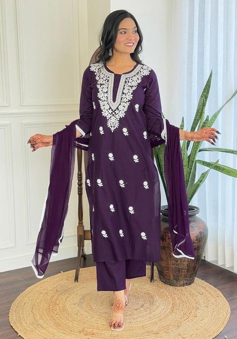 Violate Chikankari Cotton Straight Kurta Set