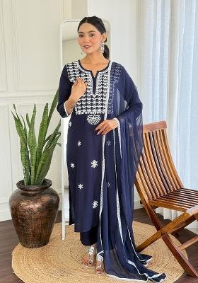 Navy Blue Rayon Embroidered Salwar Kameez With Dupptta
