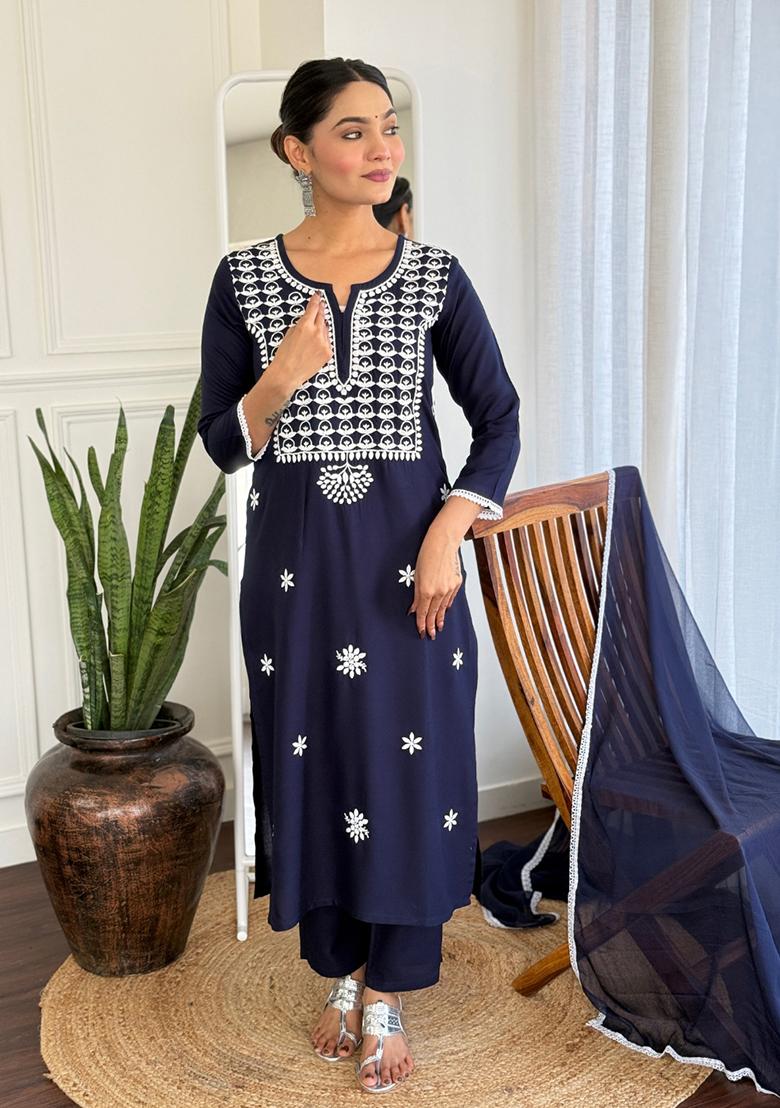 Navy Blue Rayon Embroidered Salwar Kameez With Dupptta