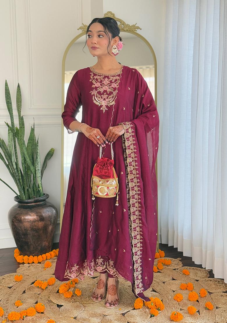 Wine Silk Embroidered Salwar Kameez With Dupptta