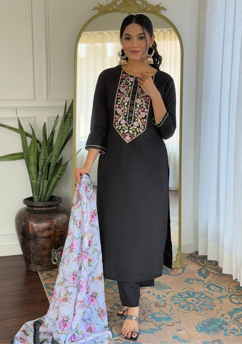 Black Rayon Embroidered Salwar Kameez With Dupptta