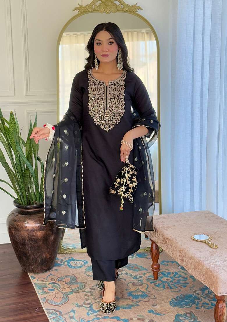 Black Embroidered Viscose Straight Kurta Set - Indya