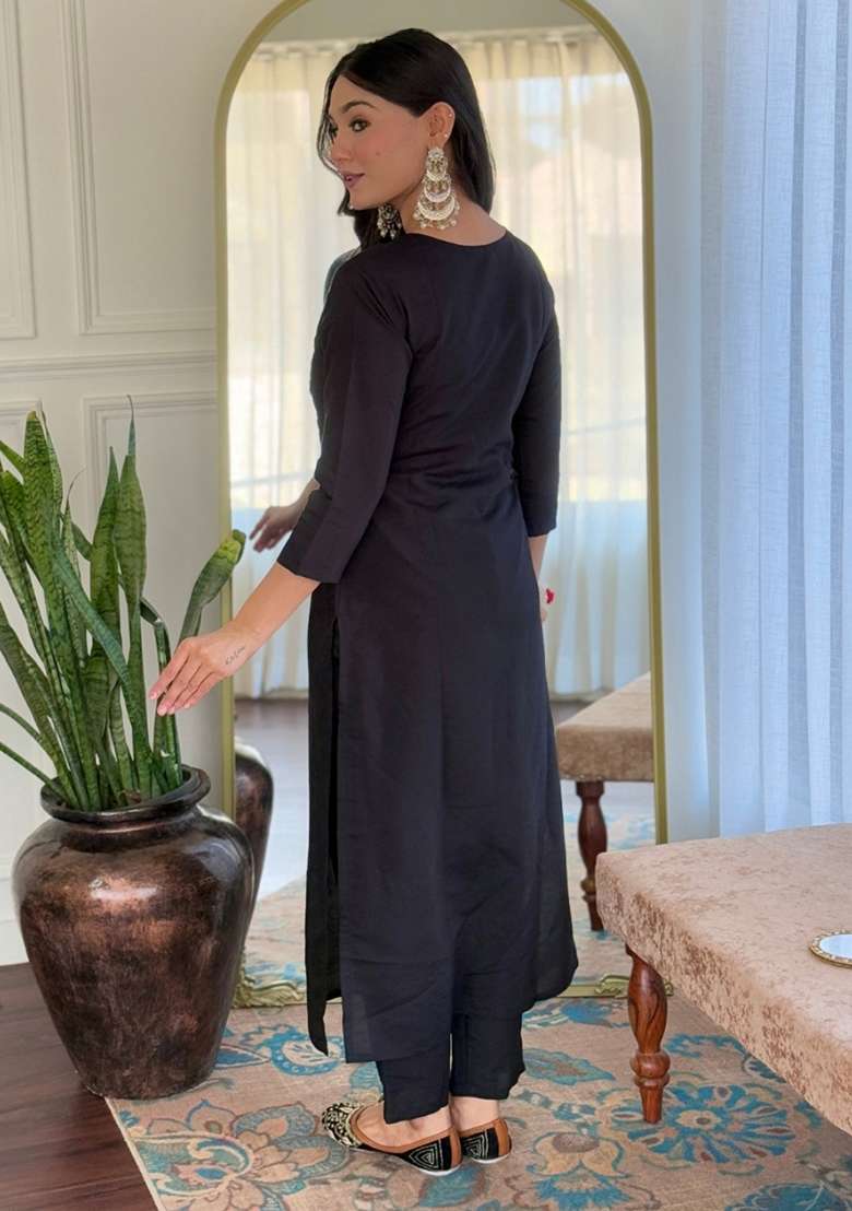 Black Embroidered Viscose Straight Kurta Set - Indya