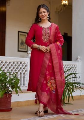 Red Viscose Embroidered Salwar Kameez With Dupptta