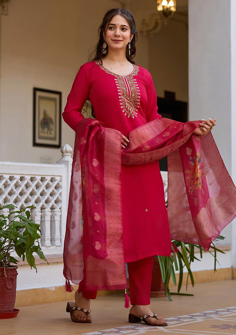 Red Viscose Embroidered Salwar Kameez With Dupptta