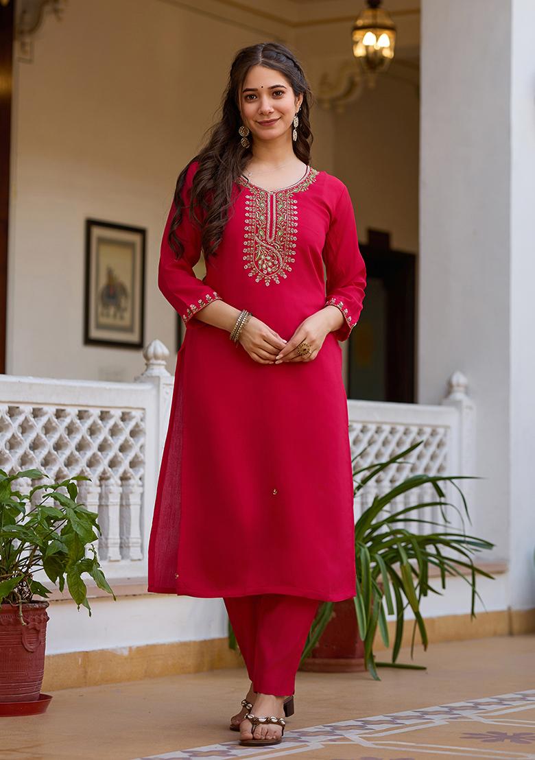 Red Viscose Embroidered Salwar Kameez With Dupptta