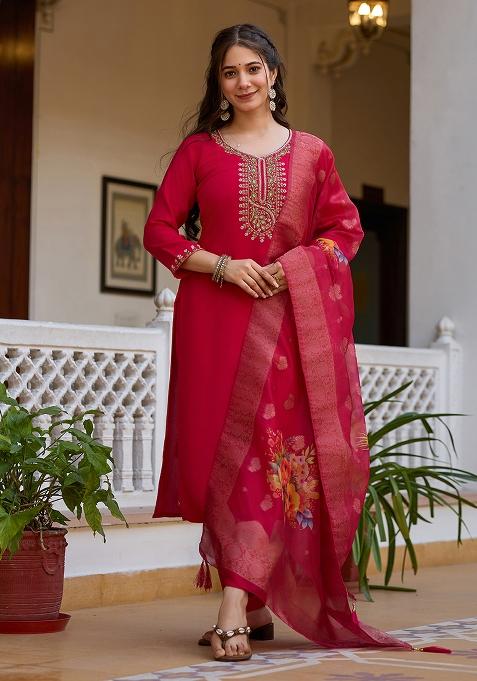 Red Viscose Embroidered Salwar Kameez With Dupptta