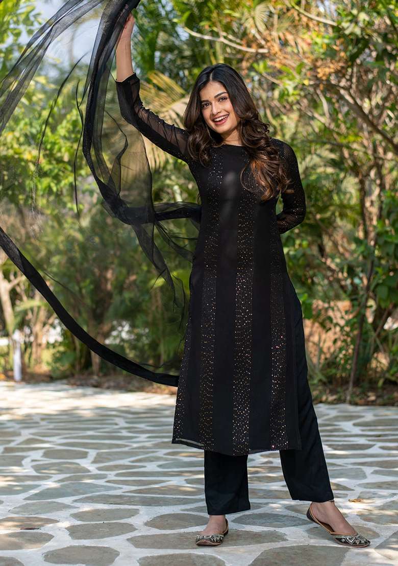 Black Sequin Work Georgette Pakistani Suit Set - Indya