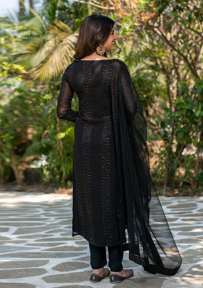 Black Sequin Work Georgette Pakistani Suit Set - Indya