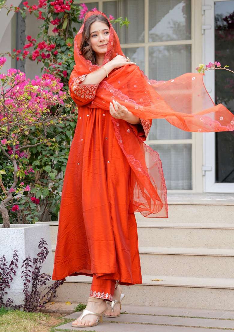 Orange Embroidered Cotton Anarkali Set - Indya