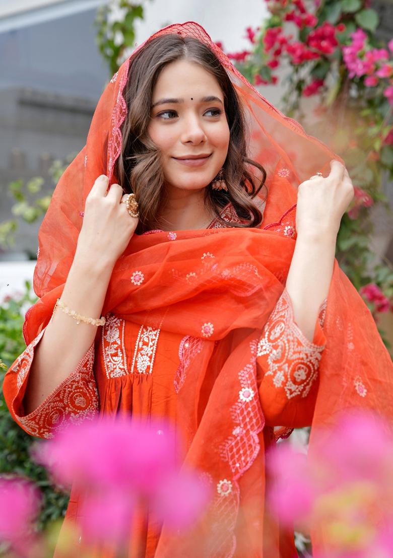 Orange Cotton Embroidered Salwar Kameez With Dupptta