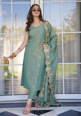 Pista Viscose Embroidered Salwar Kameez With Dupptta