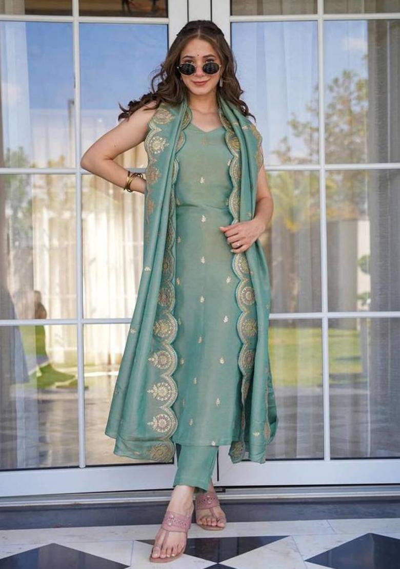 Pista Viscose Embroidered Salwar Kameez With Dupptta