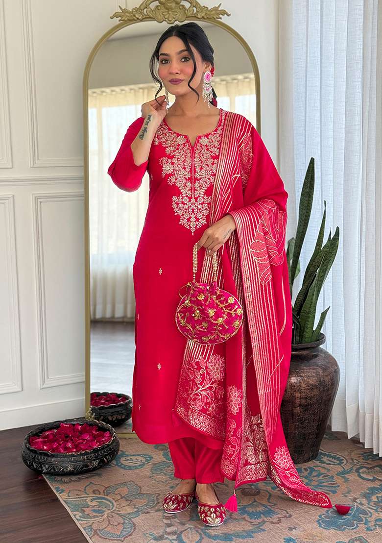 Rani Embroidered Silk Blend Straight Kurta Set - Indya