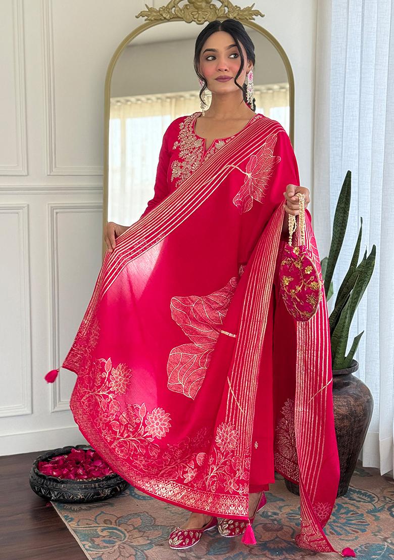 Rani Silk Embroidered Salwar Kameez With Dupptta