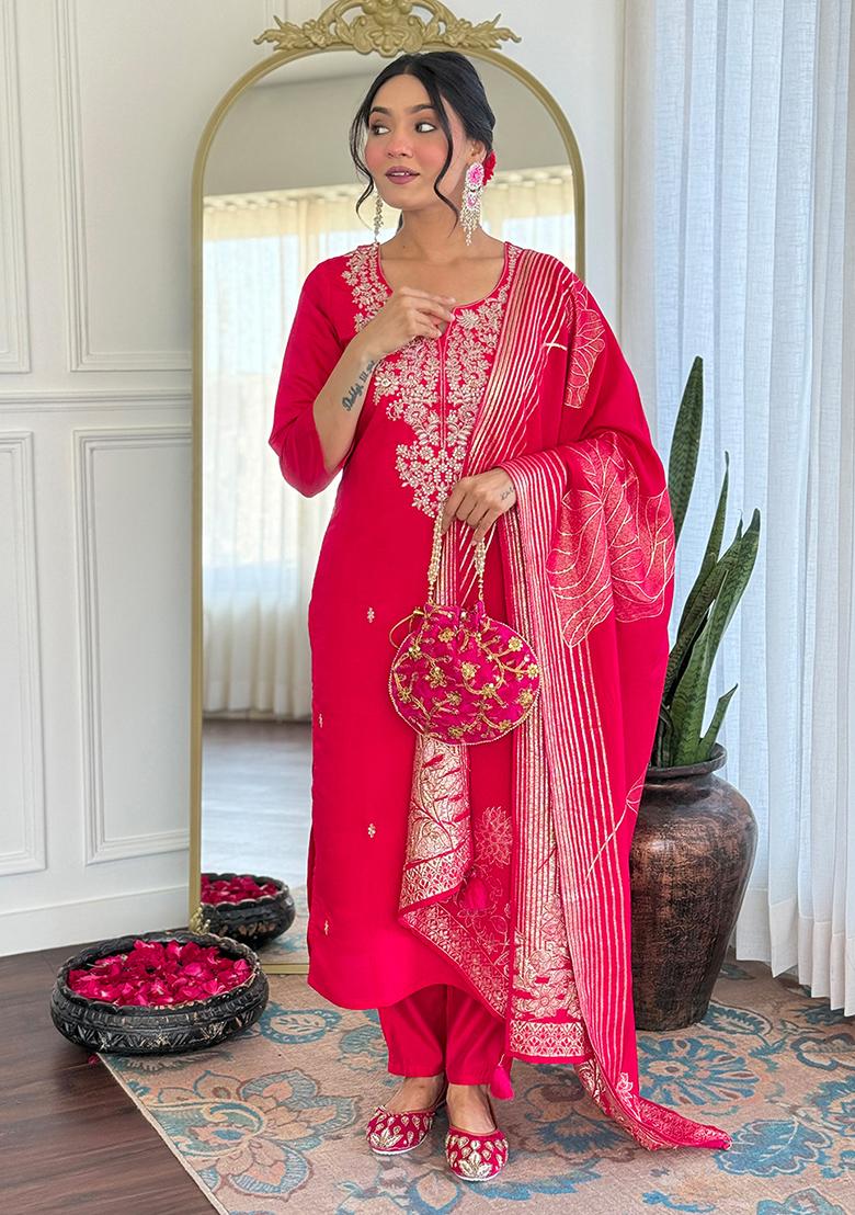 Rani Silk Embroidered Salwar Kameez With Dupptta