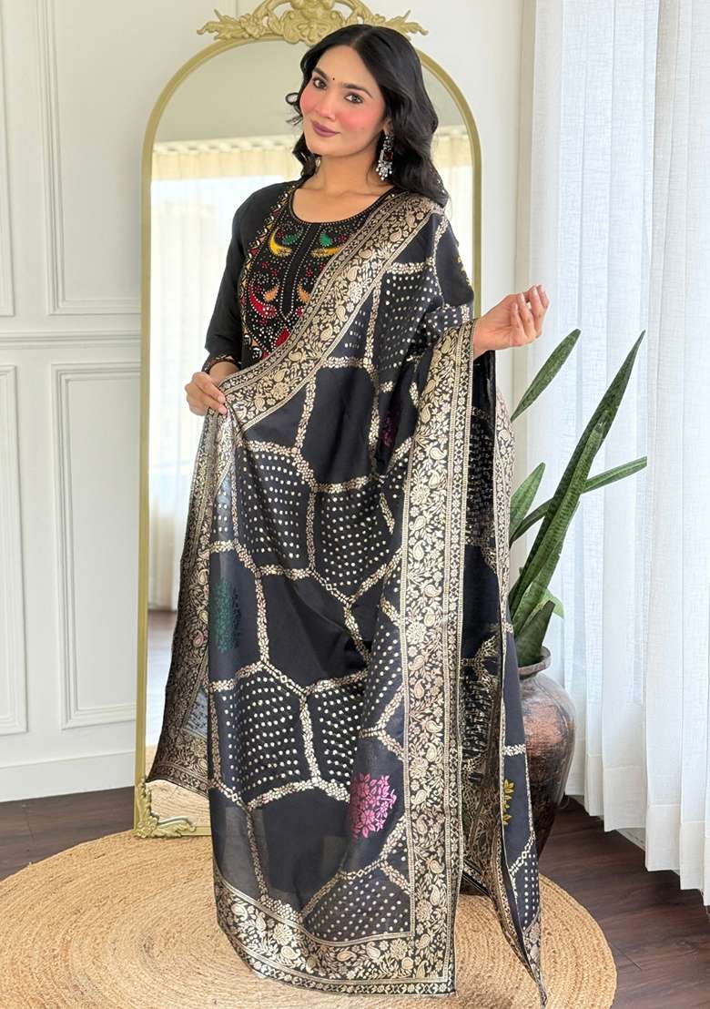 Black Silk Embroidered Salwar Kameez With Dupptta - Indya