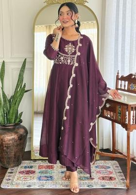 Wine Silk Embroidered Salwar Kameez With Dupptta