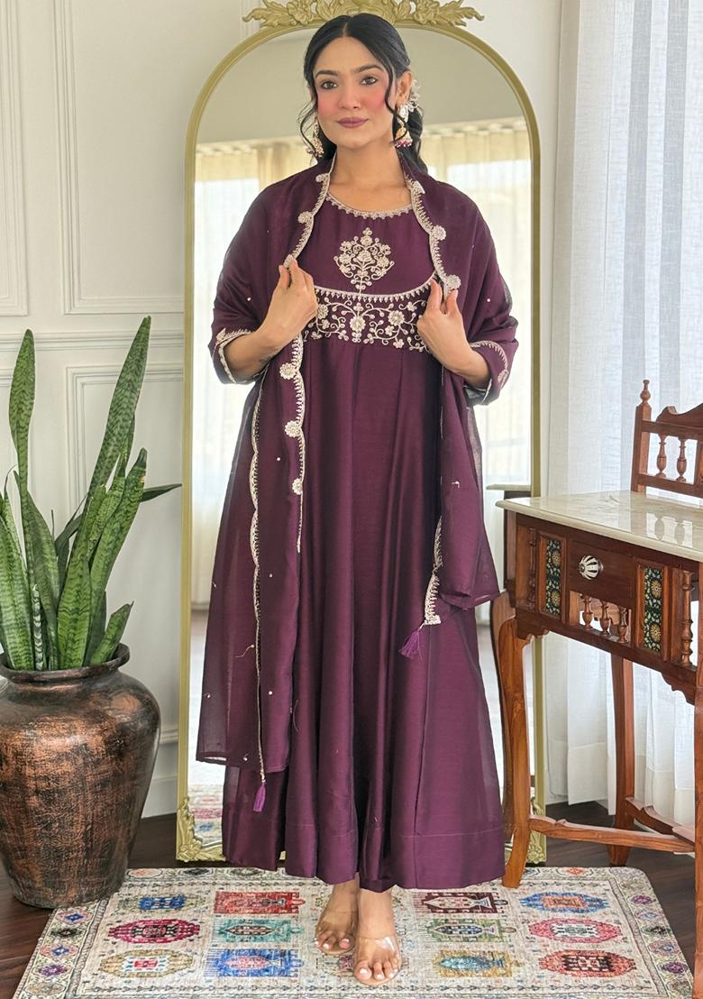 Wine Silk Embroidered Salwar Kameez With Dupptta