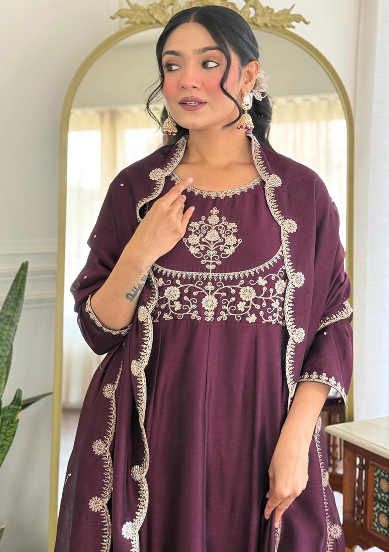 Wine Silk Embroidered Salwar Kameez With Dupptta