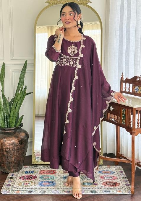 Wine Silk Embroidered Salwar Kameez With Dupptta