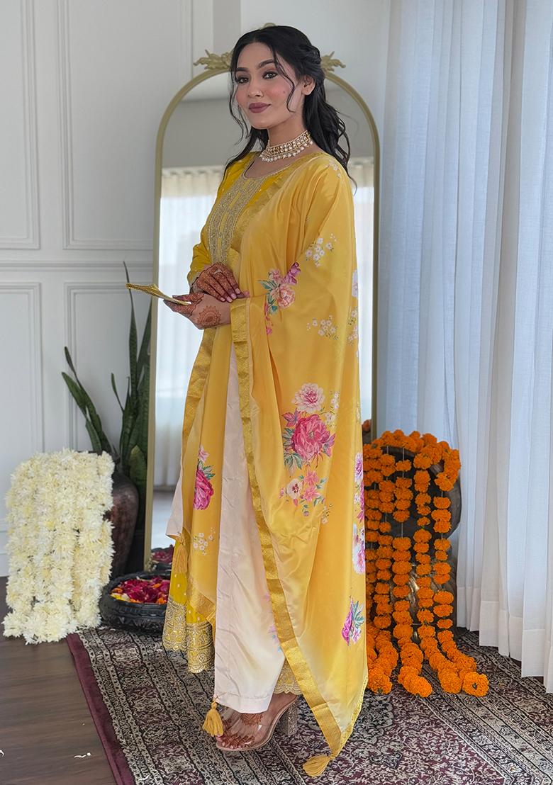Yellow Silk Embroidered Salwar Kameez With Dupptta
