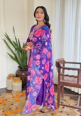 Wine Silk Embroidered Salwar Kameez With Dupptta