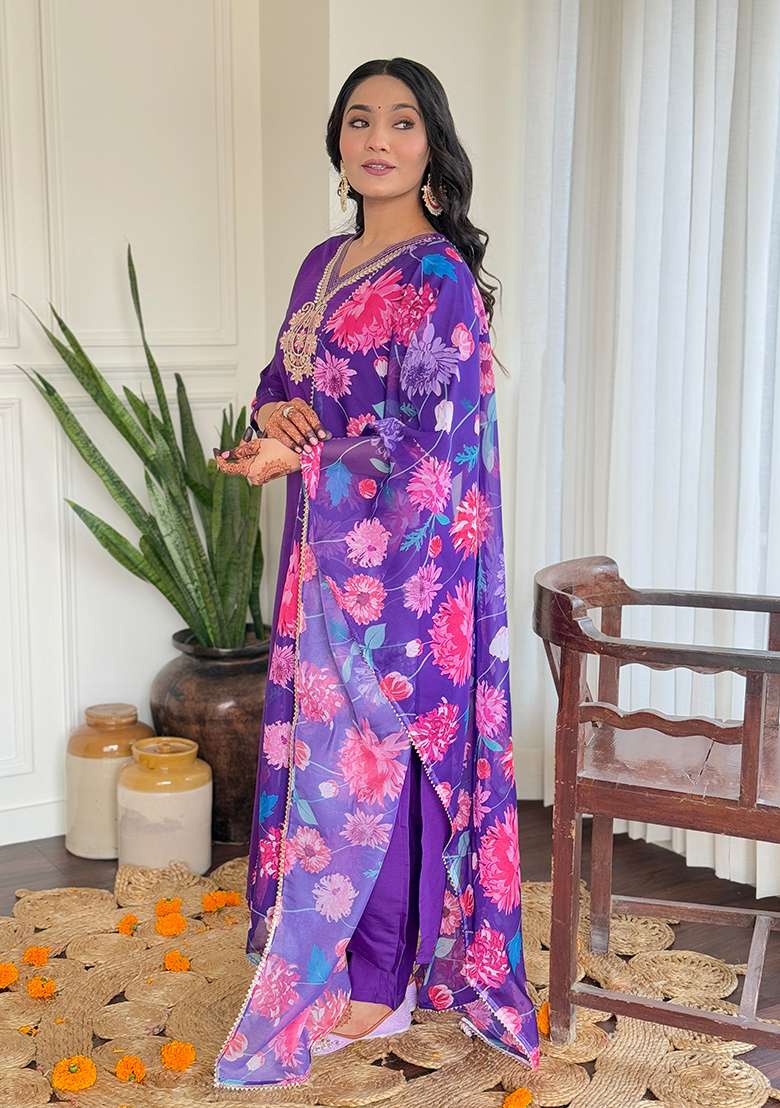 Wine Embroidered Silk Pakistani Suit Set - Indya