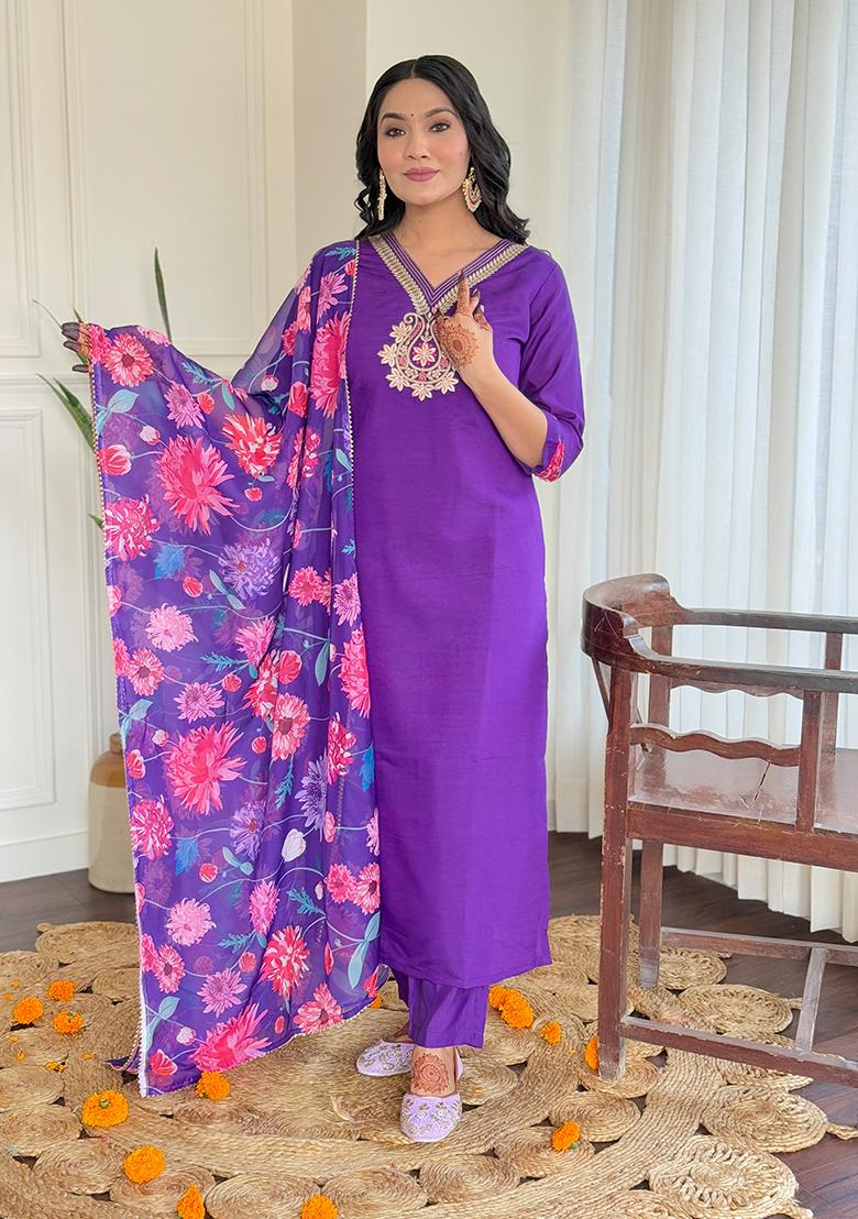 Wine Silk Embroidered Salwar Kameez With Dupptta