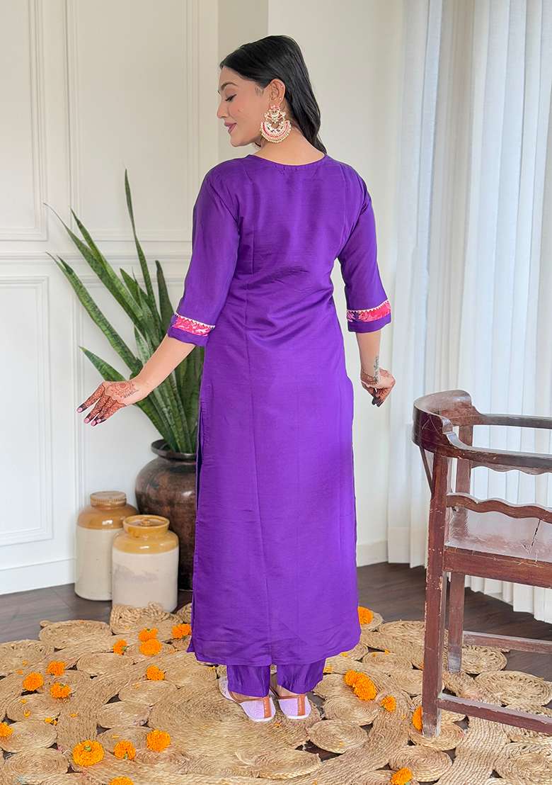Wine Embroidered Silk Pakistani Suit Set - Indya