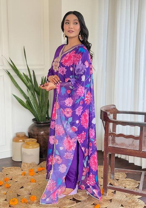 Wine Silk Embroidered Salwar Kameez With Dupptta