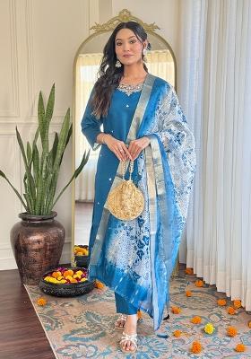 Petrol Silk Embroidered Salwar Kameez With Dupptta