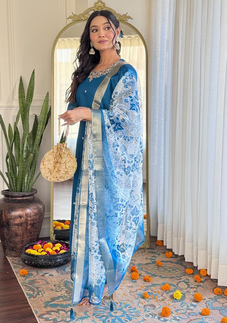 Petrol Silk Embroidered Salwar Kameez With Dupptta
