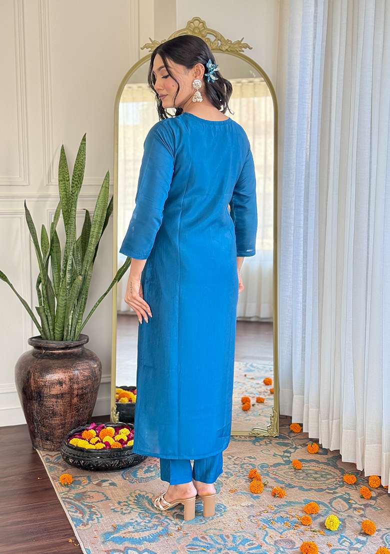 Petrol Silk Embroidered Salwar Kameez With Dupptta - Indya