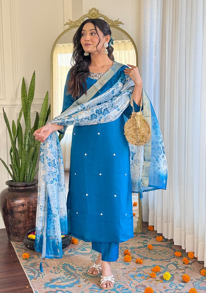 Petrol Silk Embroidered Salwar Kameez With Dupptta